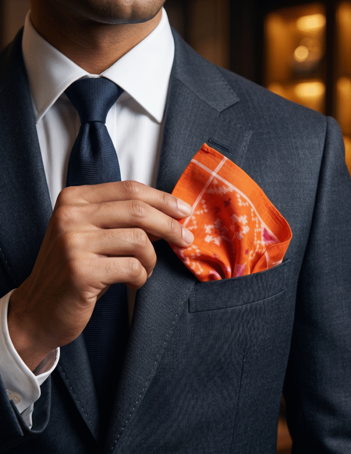 Men’s Orange Patola Handwoven Pocket Square with Floral Print