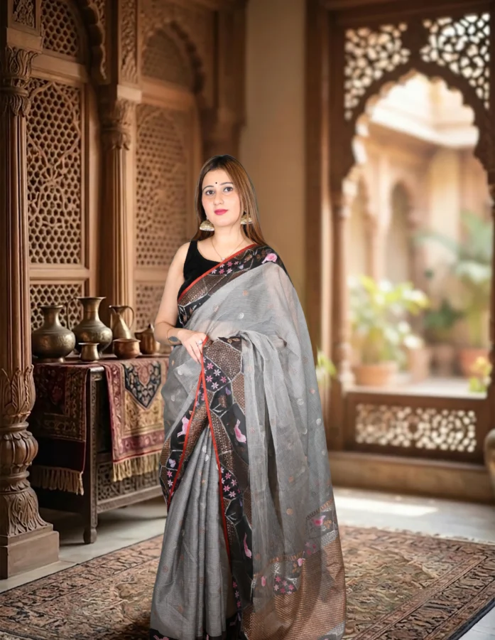 Grey Kota Cotton Saree With Real Gold And Silver Zari