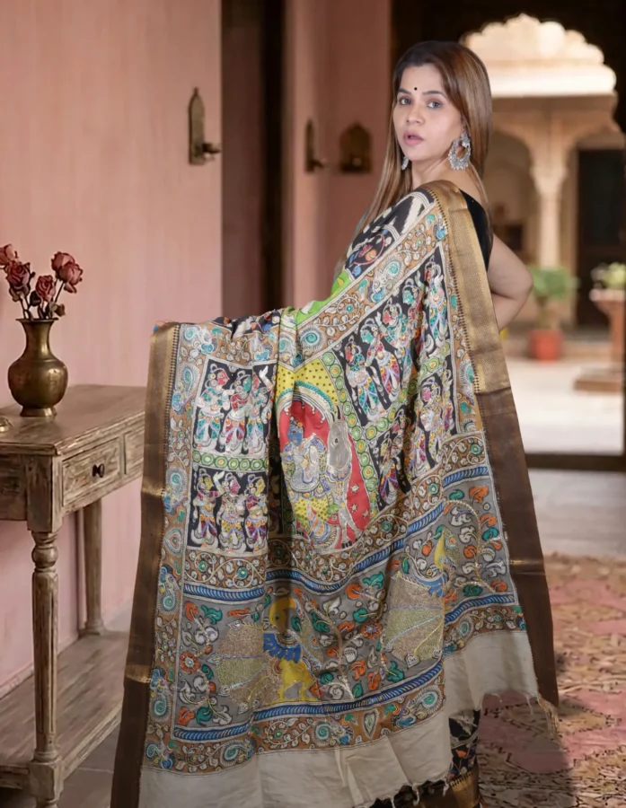 Artistic Strokes: Light Green Kalamkari Hand Painted Silk Saree