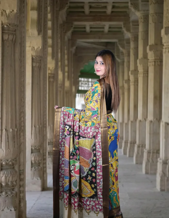 Peeli Resham: Yellow Kalamkari Silk Saree With Beaded Hand Embroidery