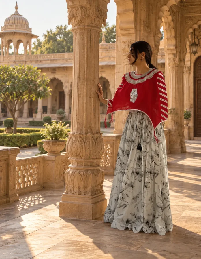 Grey Floral Printed Lehenga with Red Zardosi Work Blouse