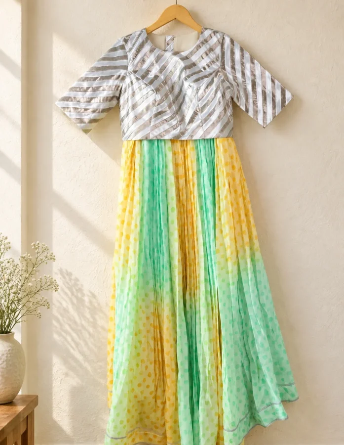Yellow and Light Green Ombre Lehenga with Silver and Black Gota Blouse