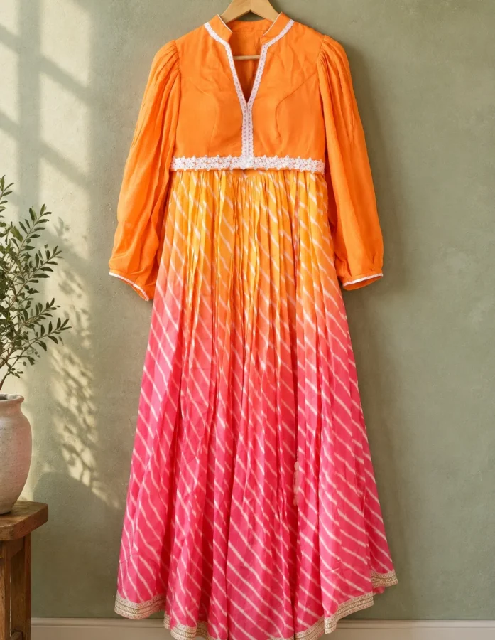 Orange and Pink Leheriya Lehenga with Ivory Lace Details