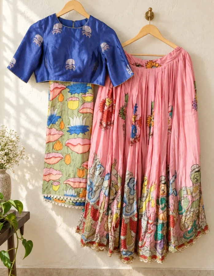 Pink Hand-Painted Kalamkari Lehenga with Purple-Blue Banarasi Silk Blouse