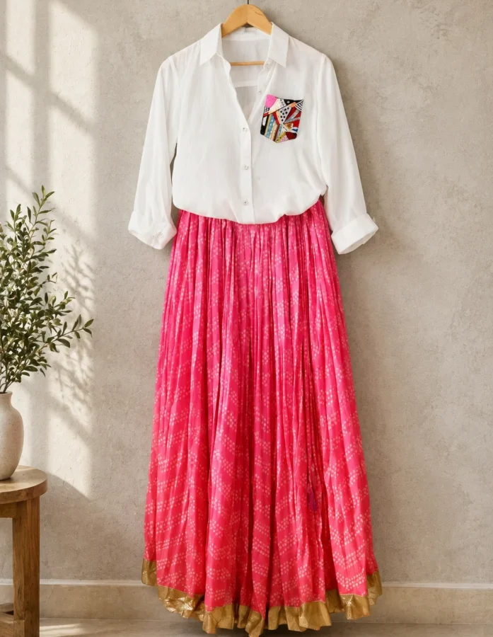 Pink Bandhej Ombre Lehenga with Ivory Muslin Shirt