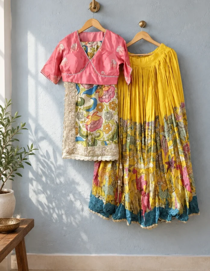 Yellow Hand-Painted Kalamkari Lehenga with Pink Banarasi Silk Blouse