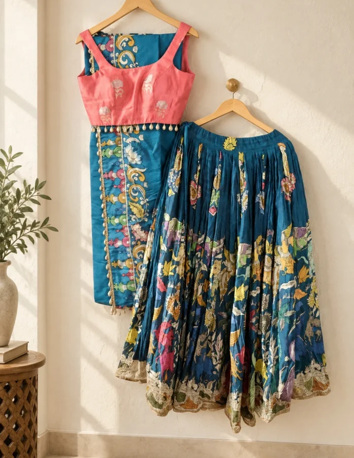 Elegant Teal Blue Hand-Painted Kalamkari Lehenga with Banarasi Silk Blouse